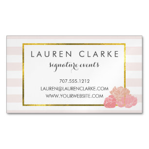 Roze Streep & Blush Peony Magnetische Visitekaartj Magnetisch Visitekaartje