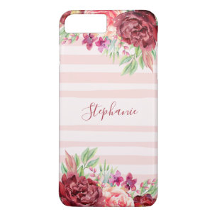Roze Streep Bugundy Floral gepersonaliseerd iPhone 8 Plus / 7 Plus Hoesje