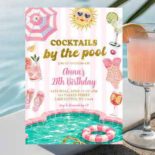 Roze streep cocktails bij het zwembad verjaardag kaart