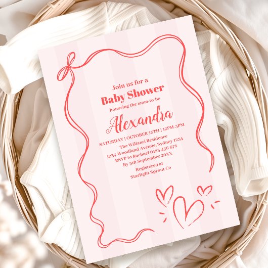 Roze Streep Coquette Bow Baby shower Kaart