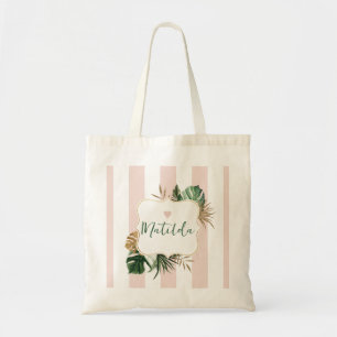 Roze streep elegante tropische bruidsmeisje naam tote bag