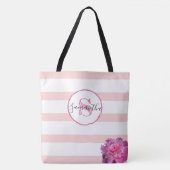 Roze Streep en Pioen Monogrammed Gepersonaliseerd Draagtas (Voorkant)