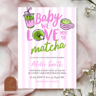 Roze Streep Moderne Matcha Baby Shower Uitnodiging