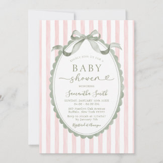 Roze Streep Salie Groene Strik Baby Shower Uitnodi Kaart