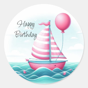 Roze Streep Zeilboot Ballon Verjaardagswensen Ronde Sticker