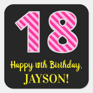 Roze streepjes "18": Happy 18th Birthday + naam Vierkante Sticker