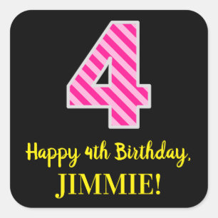 Roze streepjes "4": Happy 4th Birthday + naam Vierkante Sticker