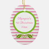 Roze strepen Baby's 1e kerstfoto Ornament (Achterkant)