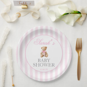 Roze Strepen Beer Baby Shower Papieren Bordje