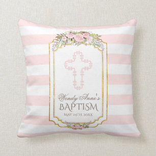 Roze Strepen Bloem Motief Goud Doop Monogram Kussen
