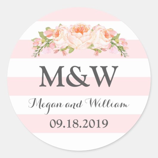 Roze Strepen  Bloemen Monogram Bruiloft Ronde Sticker (Voorkant)