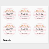 Roze Strepen  Bloemen Monogram Bruiloft Ronde Sticker (Vel)