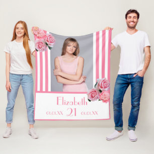 Roze strepen bloemenfoto naam 21e verjaardag fleece deken