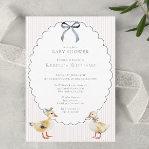 Roze Strepen Bos Eendje Strik Baby Shower Kaart