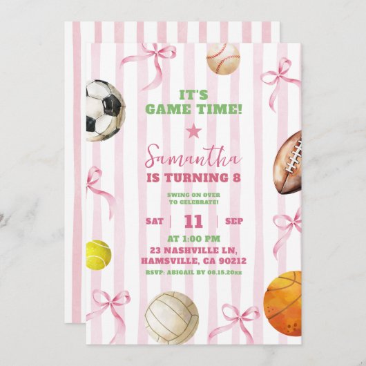 Roze Strepen Bow Meisje Sportspel Tijd Verjaardag Kaart (Voorkant / Achterkant)