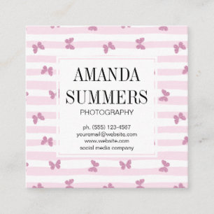 Roze strepen   Elegante glittervlinders Vierkante Visitekaartje
