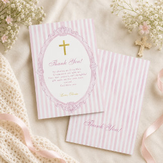 Roze strepen Elegante Vintage Meisje Doop Bedankkaart