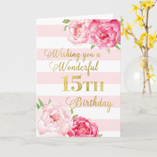 Roze strepen en bloemen Happy 15th Birthday Kaart (Gele Bloem)
