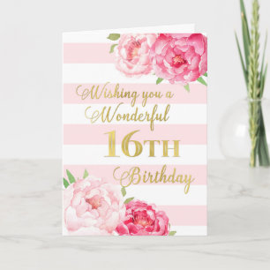 Roze strepen en bloemen Happy 16th Birthday Kaart