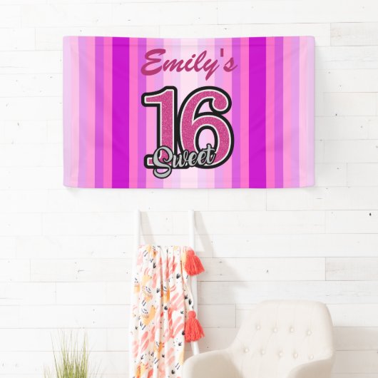 Roze strepen en glitter nummers spandoek (Insitu)