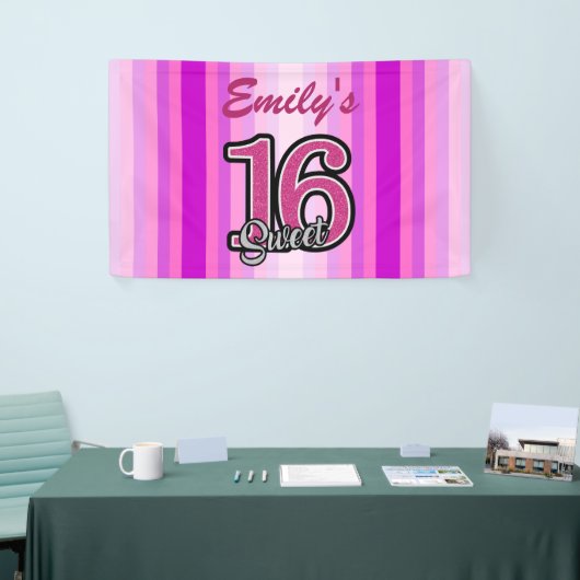 Roze strepen en glitter nummers spandoek (Beurs)