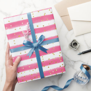 Roze strepen en gouden glitter-meisje cadeaupapier