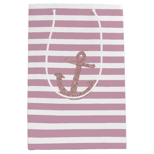 Roze Strepen Faux Glitter Anker Medium Cadeauzakje (Voorkant)
