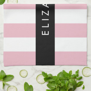 Roze strepen, streeppatroon, lijnen, Jouw naam Theedoek