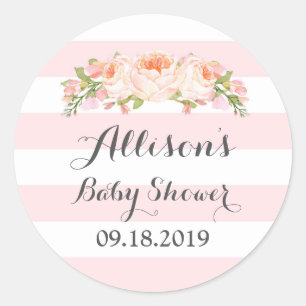 Roze Strepen Waterverf Bloemen Baby shower Label