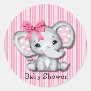 Roze Strepen Waterverf Olifant Meisje Baby shower Ronde Sticker