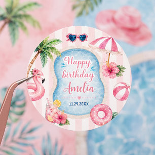Roze Strepen Zwembad Feest Meisje Verjaardag Ronde Sticker