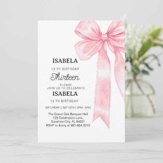 Roze strik 1e verjaardag, elegante 1e roze lint kaart (Staand voorkant)