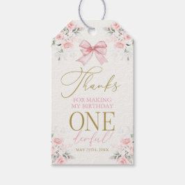 Roze strik 1e verjaardag meisje cadeaubijlage cadeaulabel