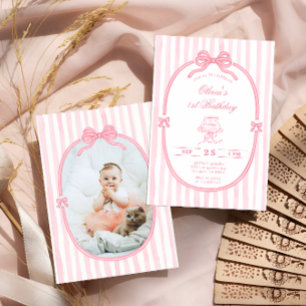 Roze strik 1e verjaardag meisje foto uitnodiging