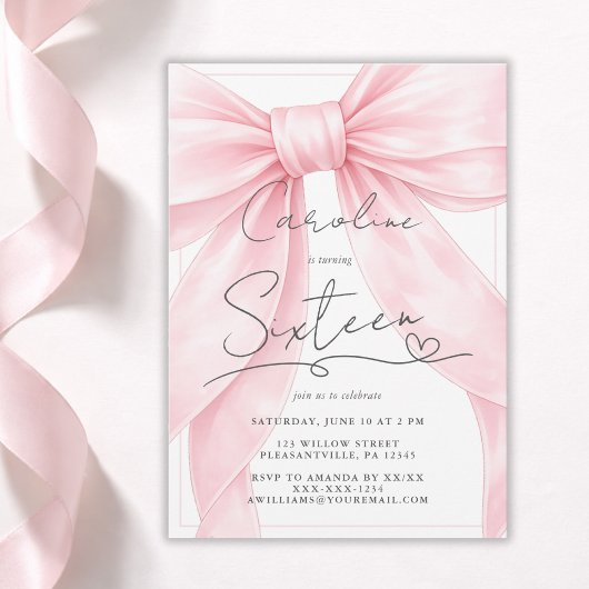 🎀 Roze Strik 1e Verjaardagsuitnodiging 💕 Kaart