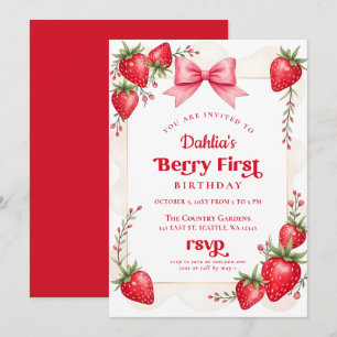 Roze Strik Aardbei Verjaardag Bes Eerste Verjaarda Kaart