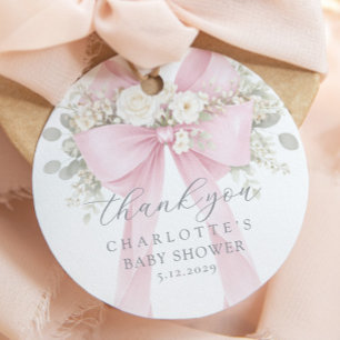 Roze strik baby shower bloemige bedankt bedankjes labels