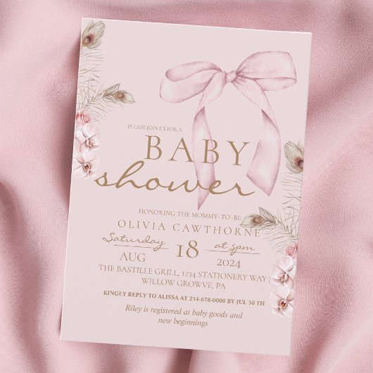 Roze Strik Baby Shower Blush Roze Kaart