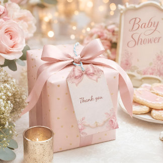 Roze Strik Baby Shower Cadeaubijslab | Coquette Bl Cadeaulabel