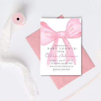 Roze Strik Baby Shower Uitnodiging - Bewerkbare Sj