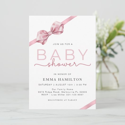 Roze Strik Baby Shower Uitnodiging – Elegant Co (Staand voorkant)