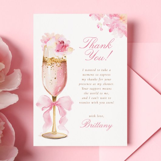 Roze Strik Bloemblaadjes Prosecco Bruidsdiner Bedankkaart