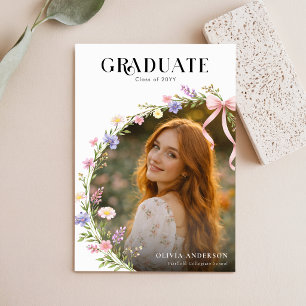 Roze Strik Bloemen Foto Afstudeeraankondiging Briefkaart