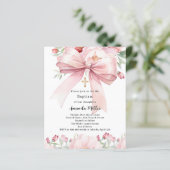 Roze strik bloemen meisje Doop uitnodiging (Staand voorkant)