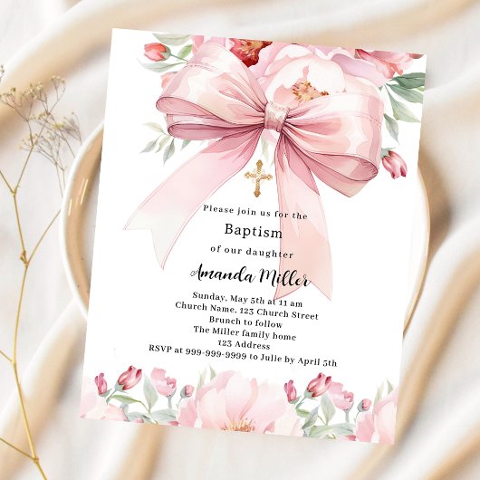 Roze strik bloemen meisje Doop uitnodiging