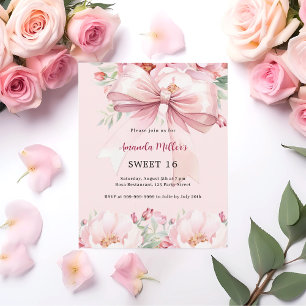 Roze strik bloemen Sweet 16 uitnodiging