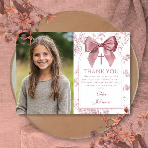 Roze strik bloemenmeisje eerste heilige communie bedankkaart