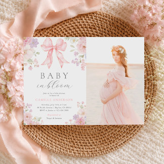 Roze Strik Bloemige Baby in Bloom Baby Shower Foto Kaart
