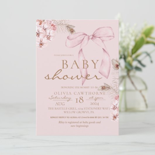 Roze Strik Bloemige Baby Shower Kaart (Staand voorkant)