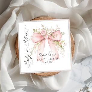 Roze strik bloemige baby shower papieren servet